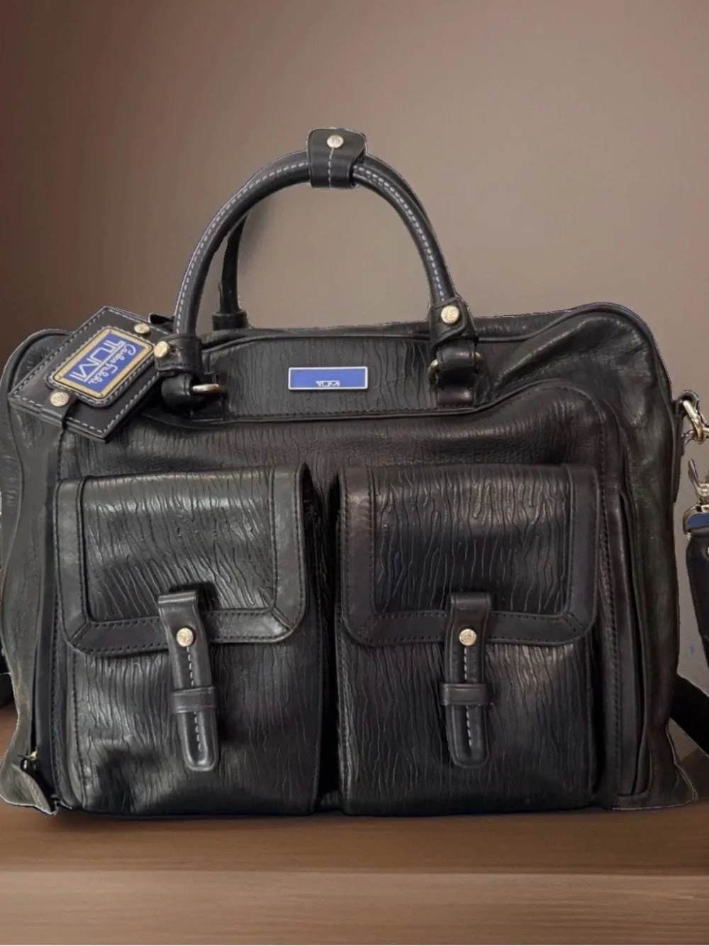 Tumi Carlos Falchi Black/Blue Leather Laptop Briefcase with Dual Front Pockets